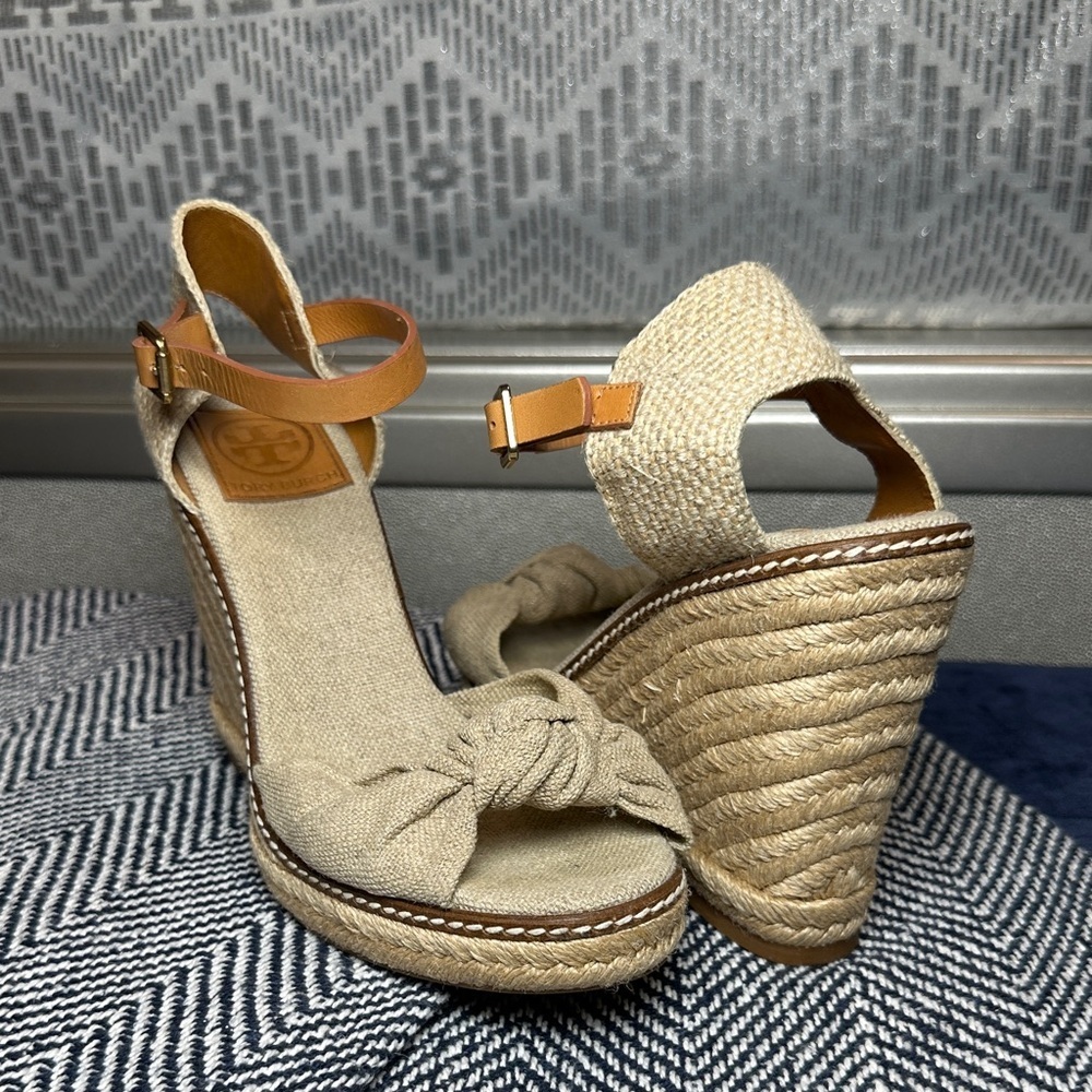 Tory Burch Macy Espadrille Wedge Sandals Linen Beige Women’s 7.5B Made in Spain - Picture 1 of 14